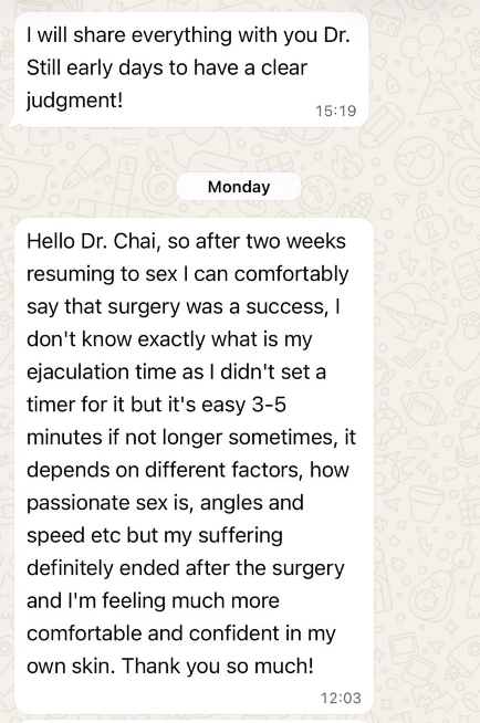 Patient message to Dr. Chai two weeks after SDN — surgery a success, lasting 3–5 minutes, suffering ended, feeling more confident.