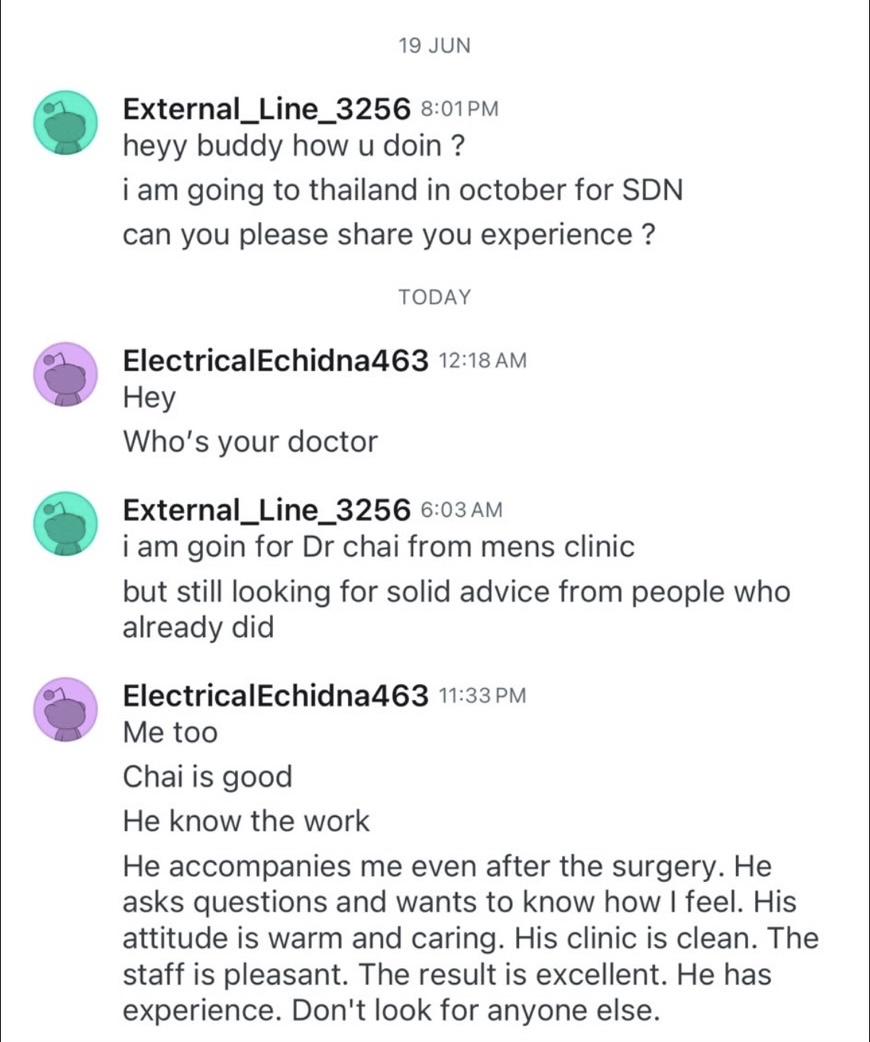 Reddit conversation about SDN with Dr. Chai — warm and caring, clinic clean, result excellent, don’t look for anyone else.