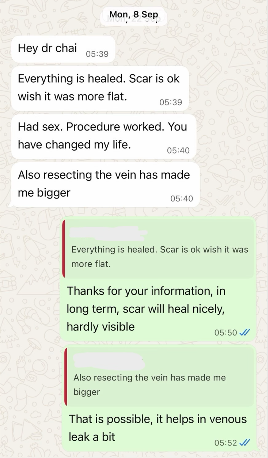 Patient message to Dr. Chai — everything healed, procedure worked, life changed.